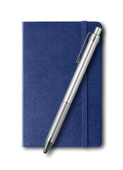 Marine blue closed notebook and pen isolated on white