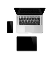 Laptop, tablet and phone set mockup isolated on transparent background. 3D render