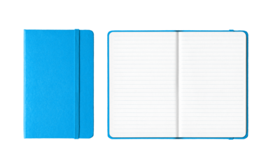Cyan blue closed and open lined notebooks isolated on transparent background