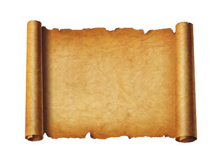 Old mediaeval paper sheet. Horizontal parchment scroll isolated on white