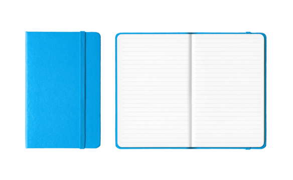 Cyan blue closed and open lined notebooks isolated on transparent background