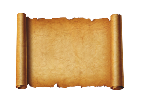 Old mediaeval paper sheet. Horizontal parchment scroll isolated on white