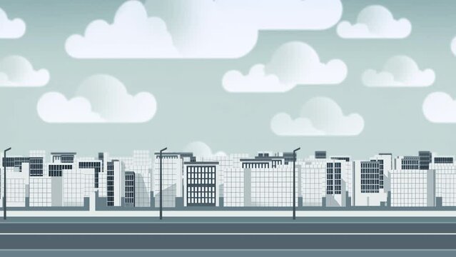 Flat cartoon cityscape animation with empty streets and buildings