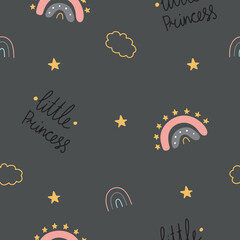 Seamless pattern with rainbows and lettering: little princess. Vector illustration for nursery decoration, packaging, textiles