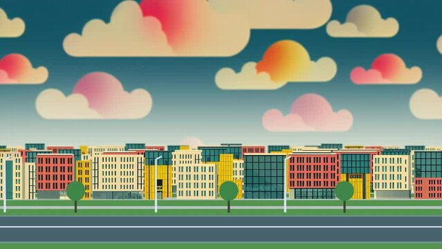 Flat colorful cityscape cartoon parallax street animation