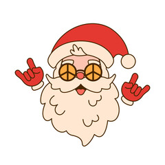 Groovy hippie Santa Claus in trendy retro cartoon style isolated on white background.