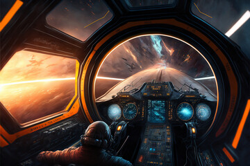 Inside of a Spaceship Driving at Hyper Speed, Space Travellers flying through the space, Astronauts in Space, Spacecraft travel backgrounds, 