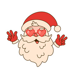 Groovy hippie Santa Claus in glasses in shape of heart isolated on white background.