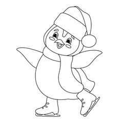 penguin in a hat and scarf skating, winter entertainment, cold, line, sketch 
