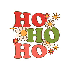 Ho ho ho text with daisy in retro cartoon style isolated on white background.