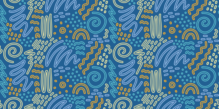 Fototapeta Fun colorful lines abstraction doodle seamless pattern on blue background. Creative art background for kids, school supplies or fashion design with basic shapes. Simple childish doodle background.