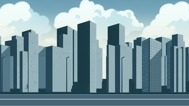 Cartoon blue parallax cityscape with skyscrapers buildings 
