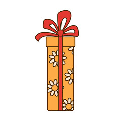 Yellow gift box icon with red bow and flowers isolated on white background.