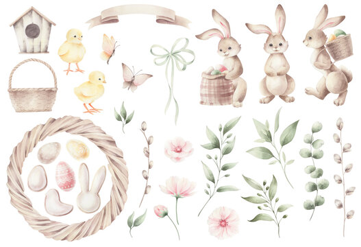 Watercolor easter set with characters isolated. Hand painted easter elements in white. Easter bunny.