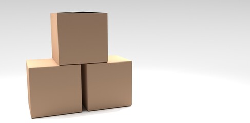 three plain cardboard boxes stacked against a clean white background