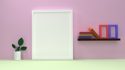 Vertical and Horizontal white Frames mockup. Clean  white frame on white wall and a pink desk and plants with boho plant and a vase. 3d rendering