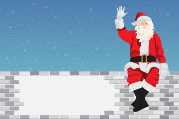 Christmas Illustration Santa Claus sitting on wall waving hand