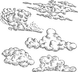 cloud sky set sketch hand drawn vector weather art, heaven storm, nature rain, air dream vintage black line illustration