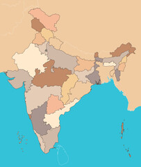 Political map of India with detailed outlined states and union territories, islands of Andaman Nicobar and Lakshadweep and major neighboring countries