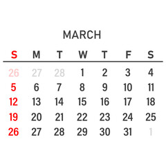 Calendar template for March 2023. Layout for March 2023. Printable monthly planner. Desk calendar design. Start of the week on Sunday