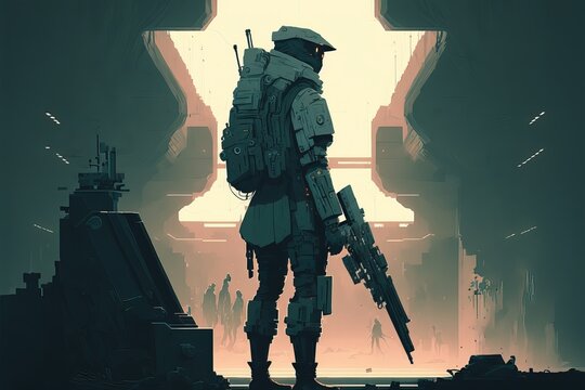illustration numérique d'un soldat du futur avec une arme dans un hangar