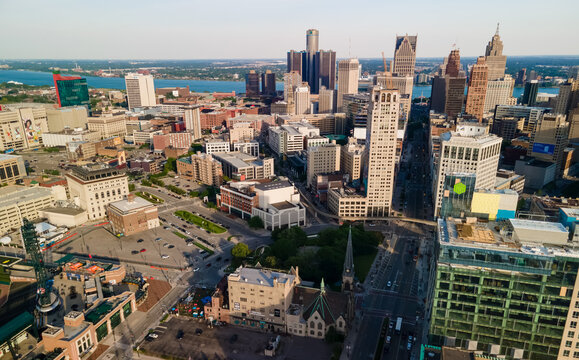 Aerial view of Detroit downtown, Detroit is a second largest city in American Heartland
