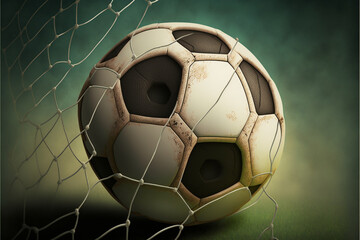 Naklejka premium Soccer ball flew into the goal in stadium lights