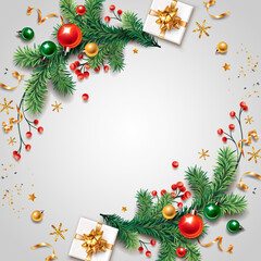 Square banner with gold and red Christmas symbols. Christmas tree, balls, golden tinsel confetti and snowflakes on light background. Header for website template.
