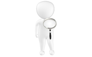 3d character , man holding a magnifier in white isolated background