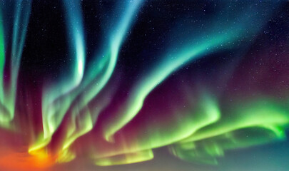 Aurora Northern lights at night in the sky.  
Digitally generated image