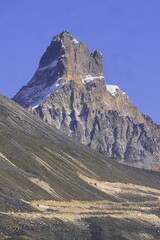 matterhorn like pyramidal peak of himalayas near zero point in north east sikkim, india