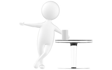 3d character , man , a can on a table