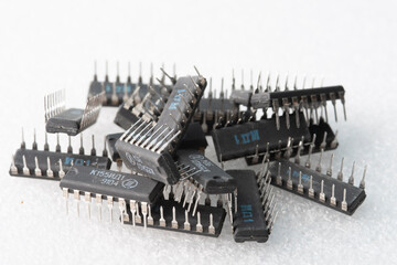 Radio components microchips on white background. 