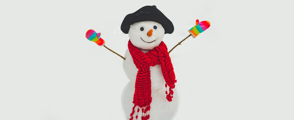 Snowman banner. Winter background with snowman, copy space.