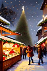 Obraz na płótnie Canvas Christmas fair with christmas tree and gifts - painting 