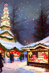 Fototapeta premium european christmas market at night with christmas tree, snowfalkes, firework and gifts - painting 