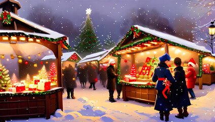 Christmas fair with christmas tree, snowfalkes, firework and gifts - painting 