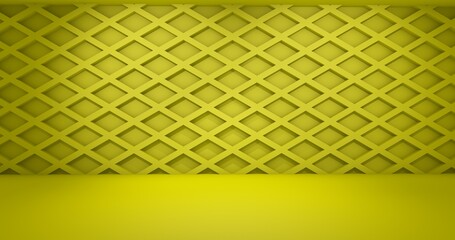Blank yellow display on yellow background with minimal style and spot light. Blank stand for showing product. 3D rendering.