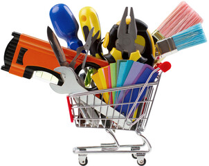 Assorted tools in a miniature shopping cart