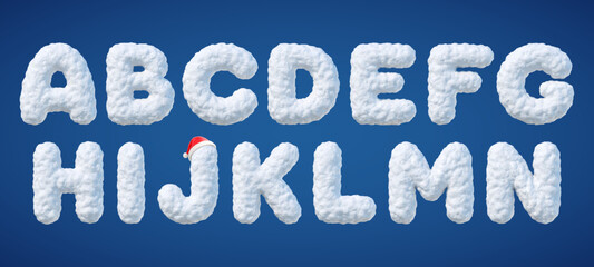 Snowy alphabet. Letters made of snow. Winter font isolated on blue background. Vector illustration
