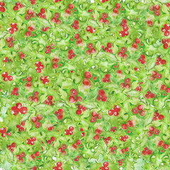 Christmas watercolor floral seamless pattern with abstract  leaves, berries holly branches. Hand drawn winter doodle illustration isolated on white background. For packaging, wrapping design or print.
