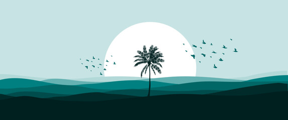 Fototapeta na wymiar Beach with single coconut tree and birds silhouette landscape vector design, perfect for background, wallpaper, nature banner, illustration.