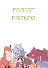 Forest friends poster, banner. Fox, wolf, bear, hare, raccoon. Suitable for an invitation to a birthday party, a children's party.