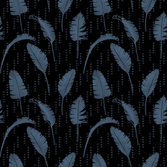 Palm leaves seamless pattern. Hand drawn digital pattern. Tropical leaves. Exotic illustration on black background. 