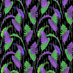 Palm leaves seamless pattern. Hand drawn digital pattern. Tropical leaves. Exotic illustration on black background. 