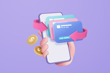 3D cashback credit card and money refund. money holding wallet on mobile phone, online payment and cash saving for shopping online. 3d financial credit card icon vector render for business bank - obrazy, fototapety, plakaty