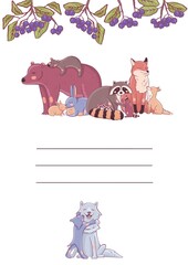 A daily planner, a checklist template with forest animals. Title page, cover. Wolf, fox, raccoon, hare, bear, badger with plants, wild berry.