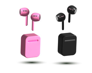 Wireless headphones, headphones and a case for them, air pods, listen to music, podcasts, news. (3D illustration) (advertising banner of wireless headphones)( pink and black)