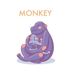 A monkey is holding a baby in his arms. Mom and baby. A card for studying animals.