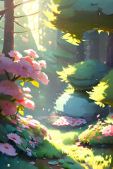 cute cosy flower forest in spring with colourful flowers, trees, grass and sunlight - painting